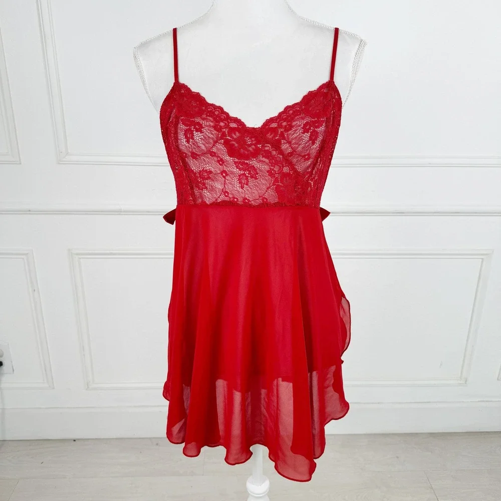 Victoria's Secret Babydoll Womens Large Red Vintage 1999 Lace Chiffon Chemise